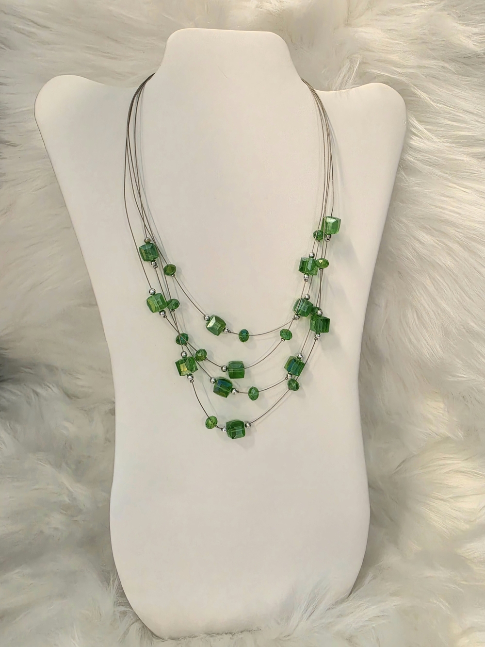 Vintage Green Cube Bead Layered Statement Necklace Silver Tone Size 18.75"